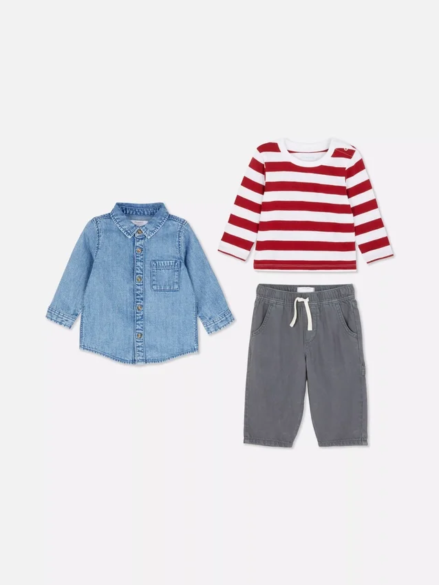 0–36 Monate | Set aus Langarm-T-Shirt, Hose und Jeanshemd 0–36 Monate | Set aus Langarm-T-Shirt, Hose und Jeanshemd