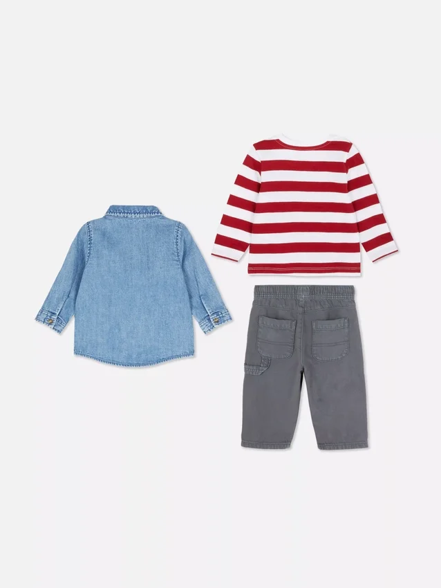 0–36 Monate | Set aus Langarm-T-Shirt, Hose und Jeanshemd 0–36 Monate | Set aus Langarm-T-Shirt, Hose und Jeanshemd