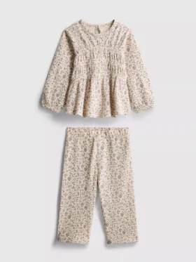 0–36 Monate | Set aus langärmeligem Oberteil und Hose mit Blumenmuster aus Crinkle-Stoff