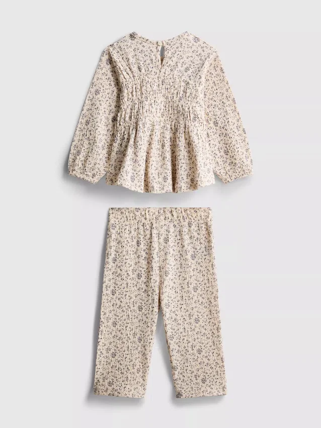 0–36 Monate | Set aus langärmeligem Oberteil und Hose mit Blumenmuster aus Crinkle-Stoff 0–36 Monate | Set aus langärmeligem Oberteil und Hose mit Blumenmuster aus Crinkle-Stoff