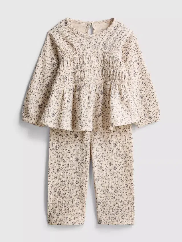 0–36 Monate | Set aus langärmeligem Oberteil und Hose mit Blumenmuster aus Crinkle-Stoff 0–36 Monate | Set aus langärmeligem Oberteil und Hose mit Blumenmuster aus Crinkle-Stoff