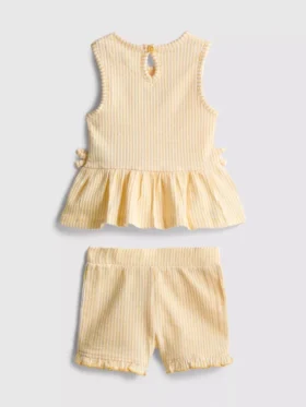 0–36 Monate | Set aus Oberteil mit gesticktem Blumenmuster und Peplum-Saum sowie Shorts