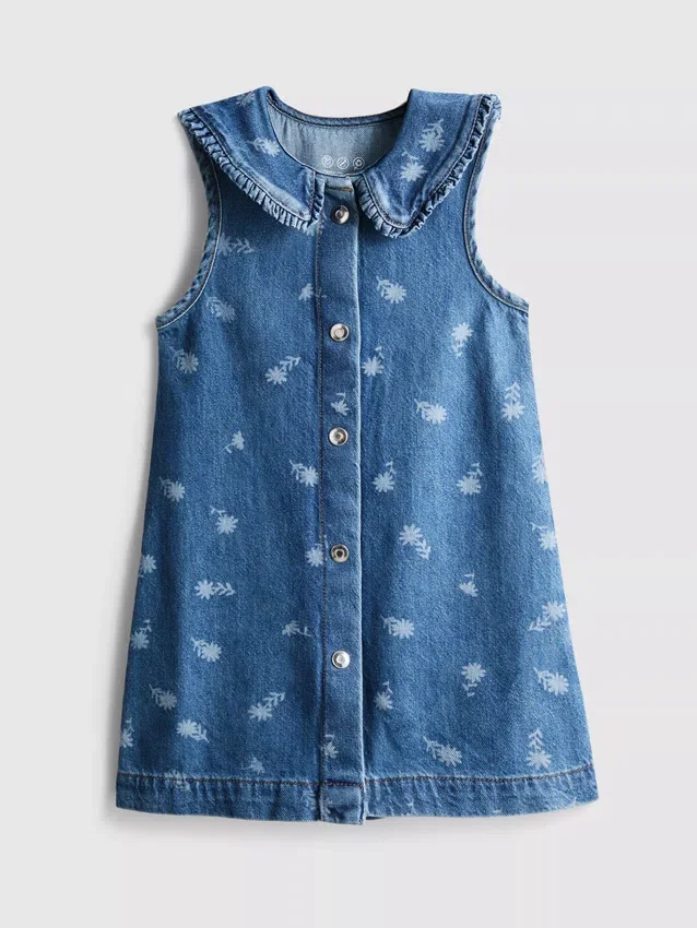 1,5–8 Jahre | Ärmelloses Jeanskleid mit Kragen und Blumenmuster 1,5–8 Jahre | Ärmelloses Jeanskleid mit Kragen und Blumenmuster