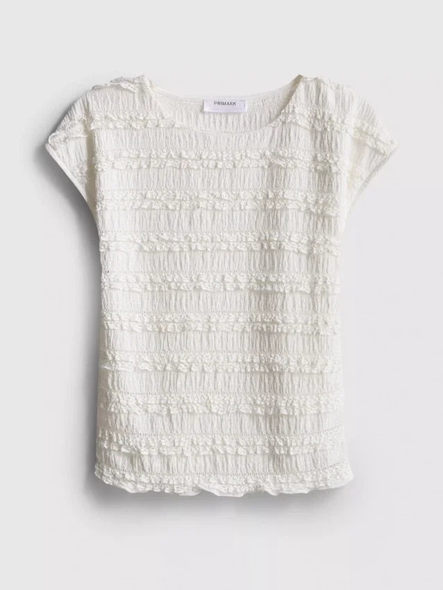 7–15 Jahre | Bluse mit gekräuselten Flügelärmeln und Spitzenbesatz 7–15 Jahre | Bluse mit gekräuselten Flügelärmeln und Spitzenbesatz