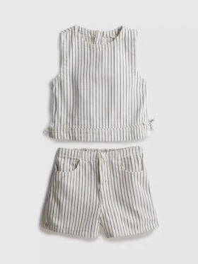 7–15 Jahre | Set aus gestreiftem Denim-Top ohne Ärmel und Shorts