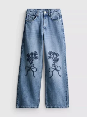 7–15 Jahre | Weite Jeans mit gestickter Blumen-Schleife