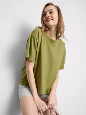 Bauchiges Baumwoll-T-Shirt mit Rundhalsausschnitt