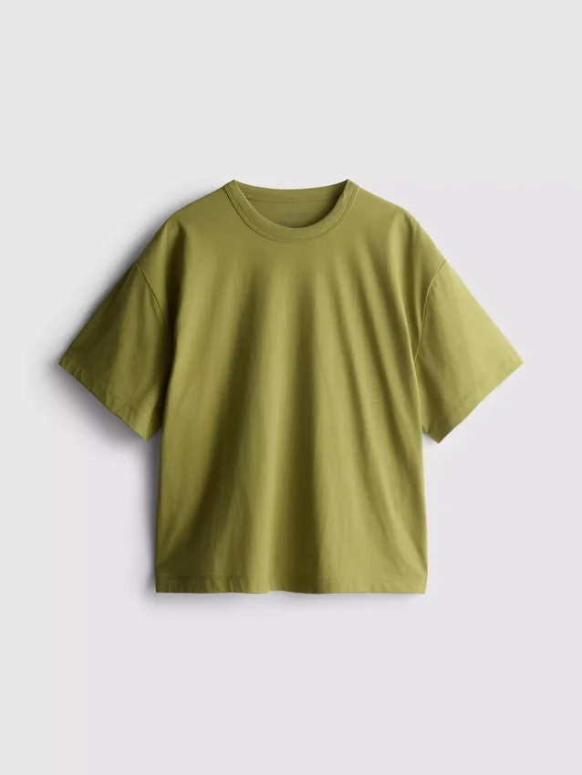 Bauchiges Baumwoll-T-Shirt mit Rundhalsausschnitt Bauchiges Baumwoll-T-Shirt mit Rundhalsausschnitt