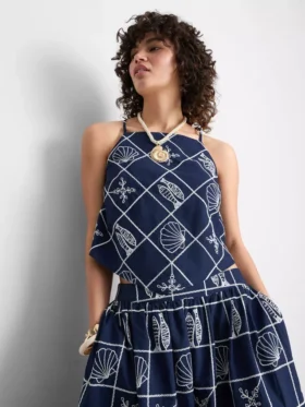 Baumwollbluse mit Neckholder-Ausschnitt und Cutwork-Verzierung