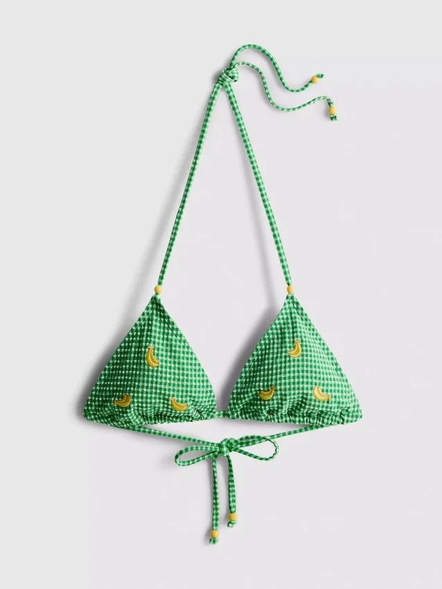 Bikini-Oberteil im Gingham-Muster mit Bananen-Stickerei Bikini-Oberteil im Gingham-Muster mit Bananen-Stickerei