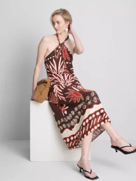Das bedruckte Midi-Kleid im Neckholder-Stil aus Leinenmischung