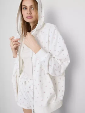 Hoodie mit durchgehendem Reißverschluss aus baumwollreichem Stoff mit Blumenmuster