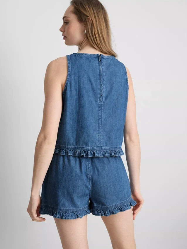 Kurzes Rüschen-Tanktop aus Baumwoll-Denim Kurzes Rüschen-Tanktop aus Baumwoll-Denim