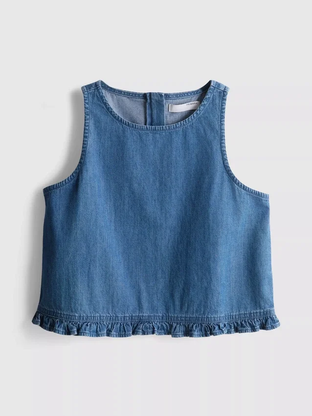 Kurzes Rüschen-Tanktop aus Baumwoll-Denim Kurzes Rüschen-Tanktop aus Baumwoll-Denim