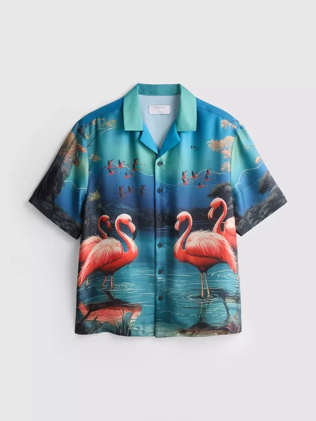 Kurzärmeliges Hemd mit Knöpfen und Flamingo-Print Kurzärmeliges Hemd mit Knöpfen und Flamingo-Print