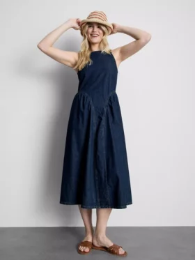 Midi-Kleid aus Baumwoll-Denim mit tief sitzender Taille