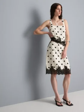 Midi-Rock aus Baumwollmischung mit Spitzenbesatz und Polka-Dots