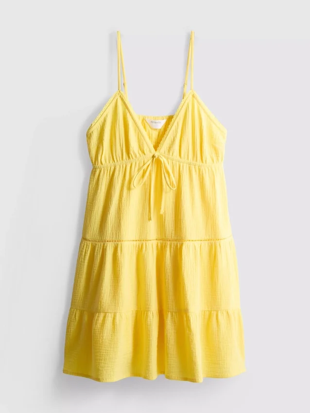 Minikleid aus Baumwolle mit Stufenschnitt und V-Ausschnitt Minikleid aus Baumwolle mit Stufenschnitt und V-Ausschnitt