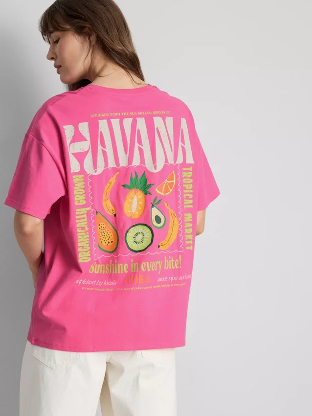 Oversize-T-Shirt mit Grafikprint aus baumwollreicher Havanna-Baumwolle Oversize-T-Shirt mit Grafikprint aus baumwollreicher Havanna-Baumwolle
