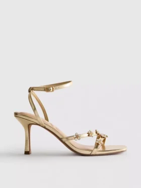 Sandalen mit High Heels, breiter Passform und Blumenmuster aus Strasssteinen