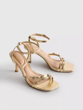 Sandalen mit High Heels, breiter Passform und Blumenmuster aus Strasssteinen