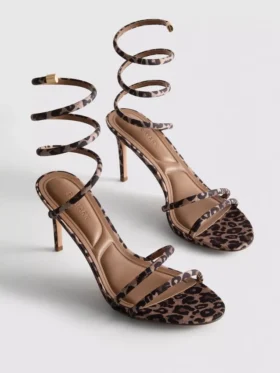 Sandalen mit Leopardenmuster und spiralförmigen High Heels