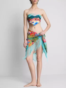Sarong mit Fransen und tropischem Print