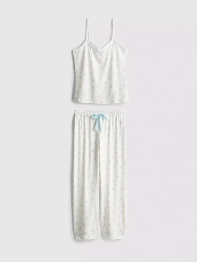 Schlafanzug mit bedrucktem Satin-Schleifen-Top Schlafanzug mit bedrucktem Satin-Schleifen-Top
