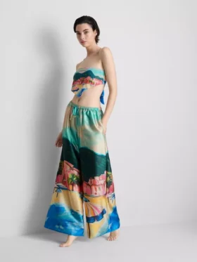 Strandhose aus Satin mit landschaftlichem Print