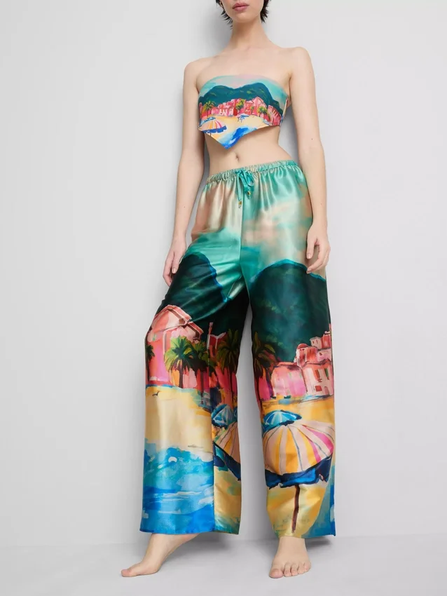Strandhose aus Satin mit landschaftlichem Print Strandhose aus Satin mit landschaftlichem Print