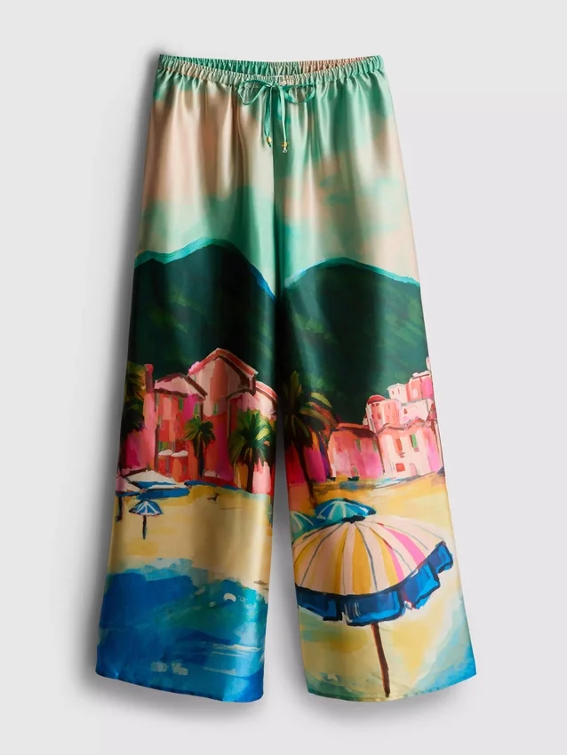 Strandhose aus Satin mit landschaftlichem Print Strandhose aus Satin mit landschaftlichem Print
