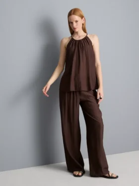 Strukturierte Hose mit weitem Bein und Kordelzug