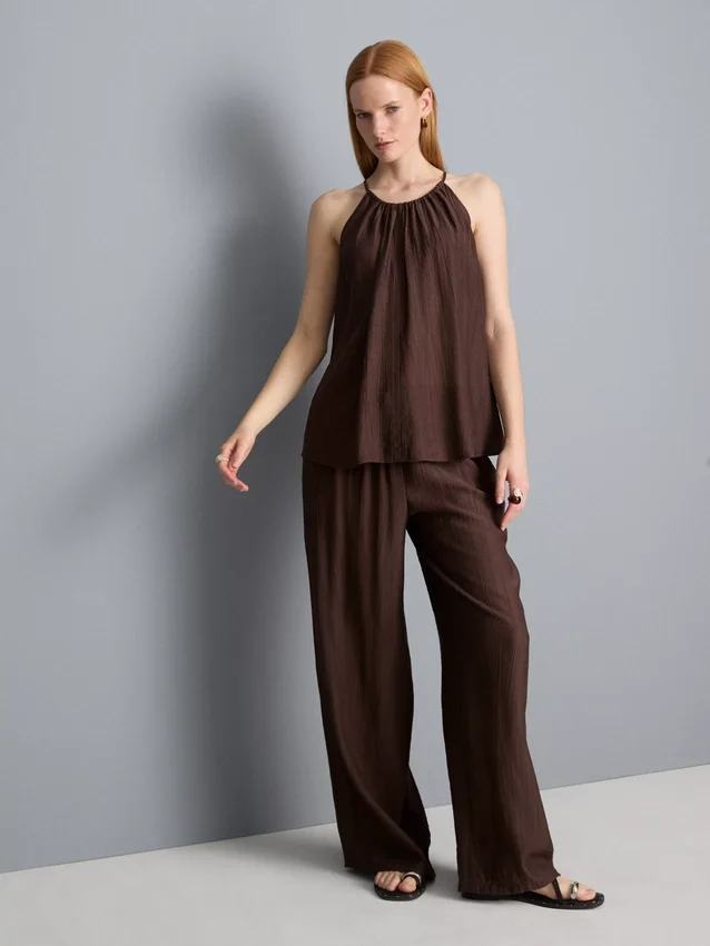 Strukturierte Hose mit weitem Bein und Kordelzug Strukturierte Hose mit weitem Bein und Kordelzug