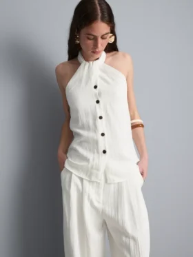 Strukturiertes Neckholder-Top mit Knopfleiste
